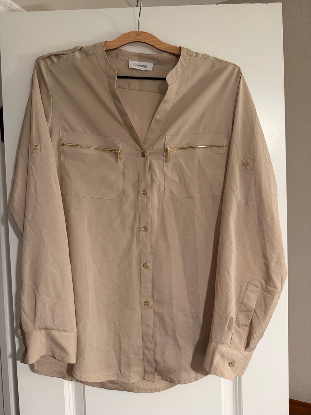 Calvin Klein Women's Beige Button-Front Blouse with Gold Zippers
